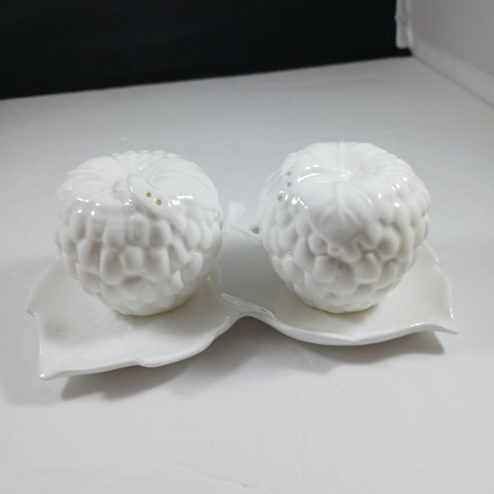 Vintage Porcelain Grapes Salt and Pepper Shaker and Leaves Plate